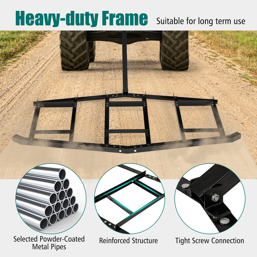 Heavy-duty 84-inch landscape leveling rake with reinforced bars, designed for UTVs and ATVs, ideal for driveways and.