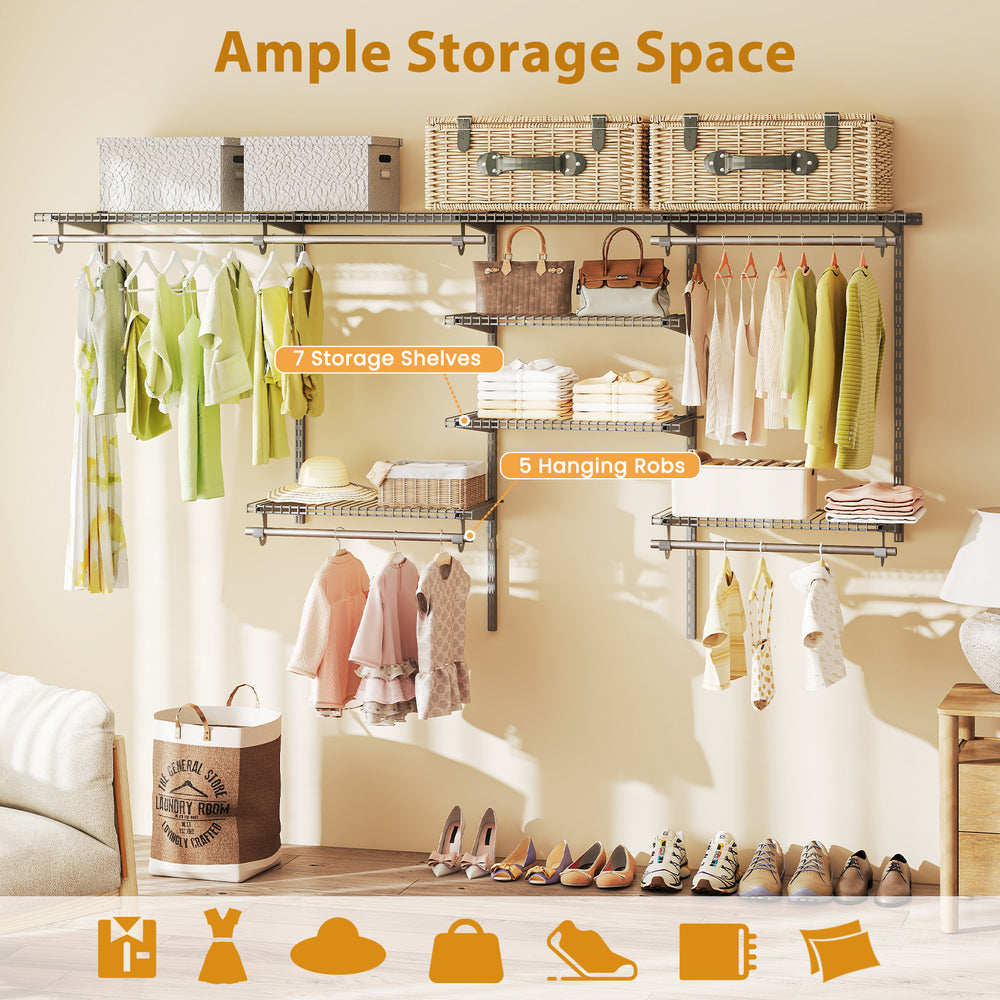 Closet organizer system with 7 shelves and 5 hanging rods, grey metal, ideal for laundry or bedroom storage solutions.