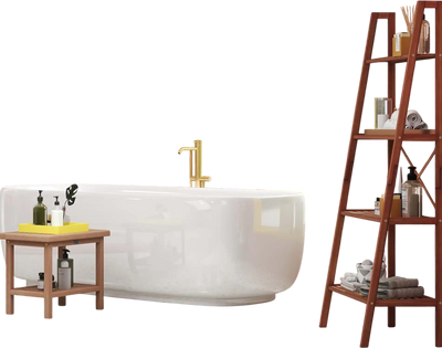 Costway 2-Piece Laundry Room Furniture Set Teak Utility Bench Bamboo Ladder Shelf 12056453 New