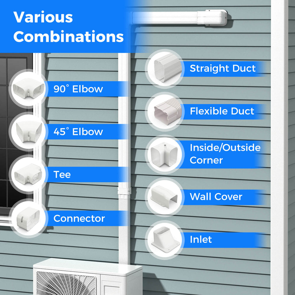 Various PVC duct components including elbows, connectors, and tees for mini-split air conditioners, ensuring organized.