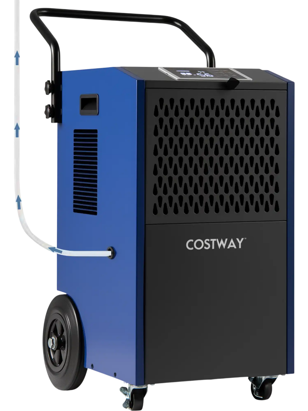 Commercial dehumidifier in blue with pump, designed for large spaces up to 7000 sq.ft, featuring wheels for easy.
