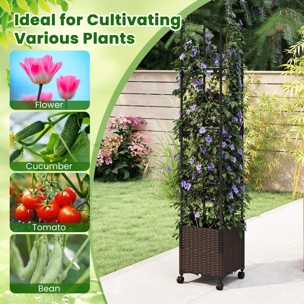 Tall raised garden bed with trellis, adjustable height, and lockable wheels, ideal for growing flowers and vegetables.