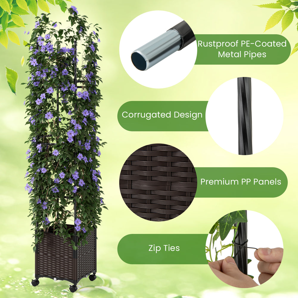 Tall raised garden bed with adjustable trellis, rustproof PE-coated metal pipes, and weatherproof PP rattan planter box.