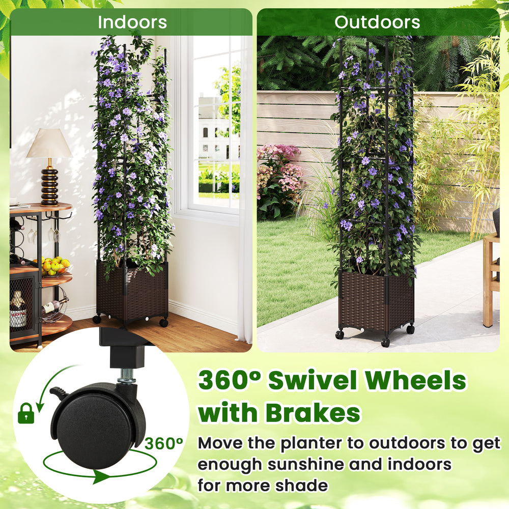 Tall raised garden bed with trellis, adjustable height, and lockable wheels for easy indoor and outdoor use.
