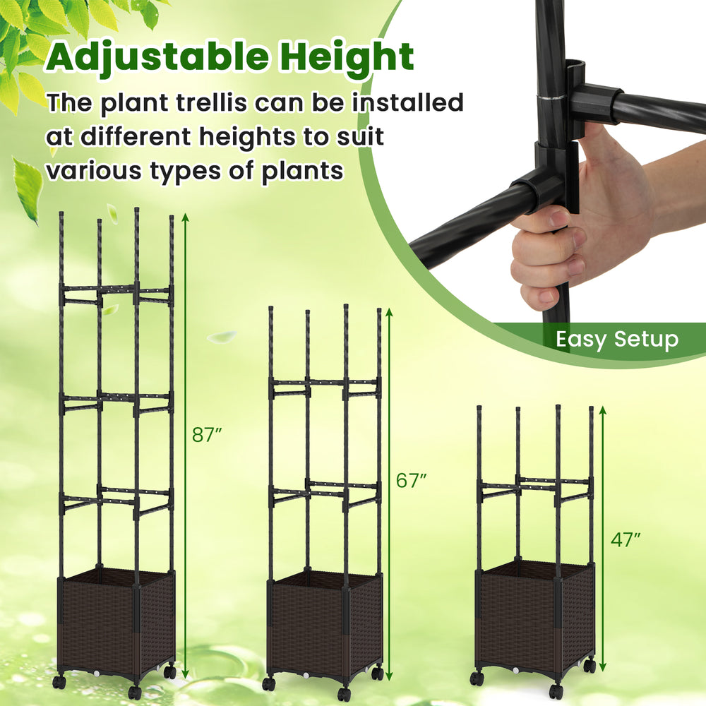 Adjustable height plant trellis with lockable wheels, featuring a weatherproof planter box for versatile gardening.