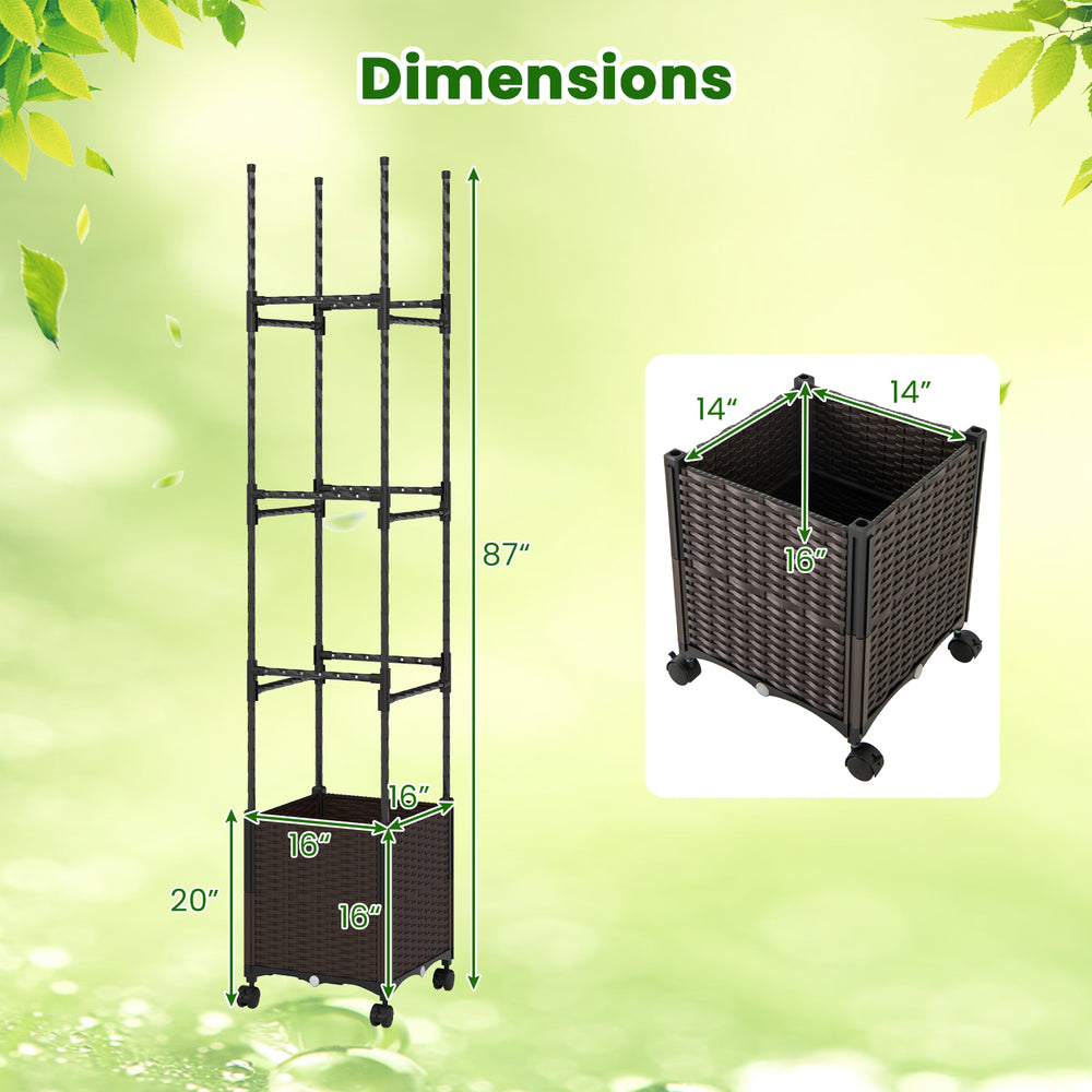 87-inch tall raised garden bed with adjustable trellis, featuring a weatherproof planter box and lockable wheels.