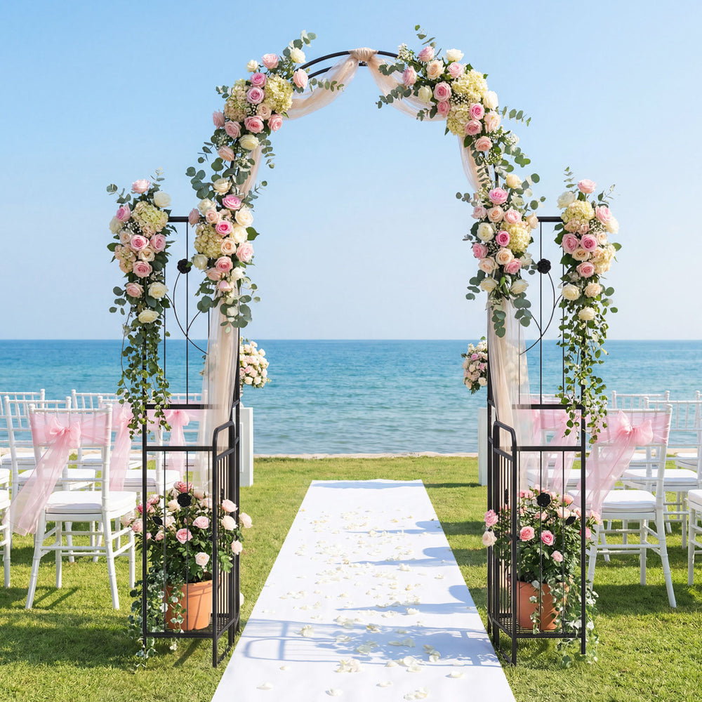 Garden arch with climbing trellises and planter shelves, adorned with flowers, ideal for weddings and outdoor events.