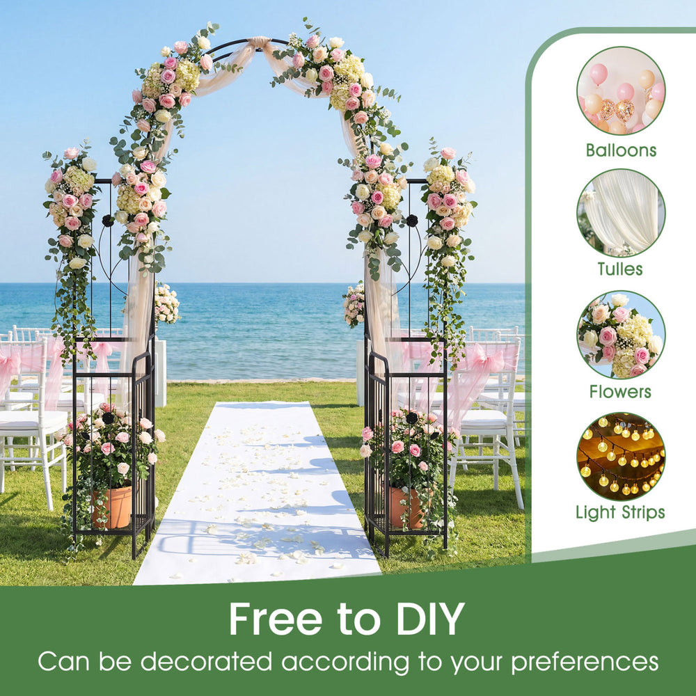 Garden arch with gate planter shelves, 87 inches tall, designed for DIY decoration with flowers and balloons for.