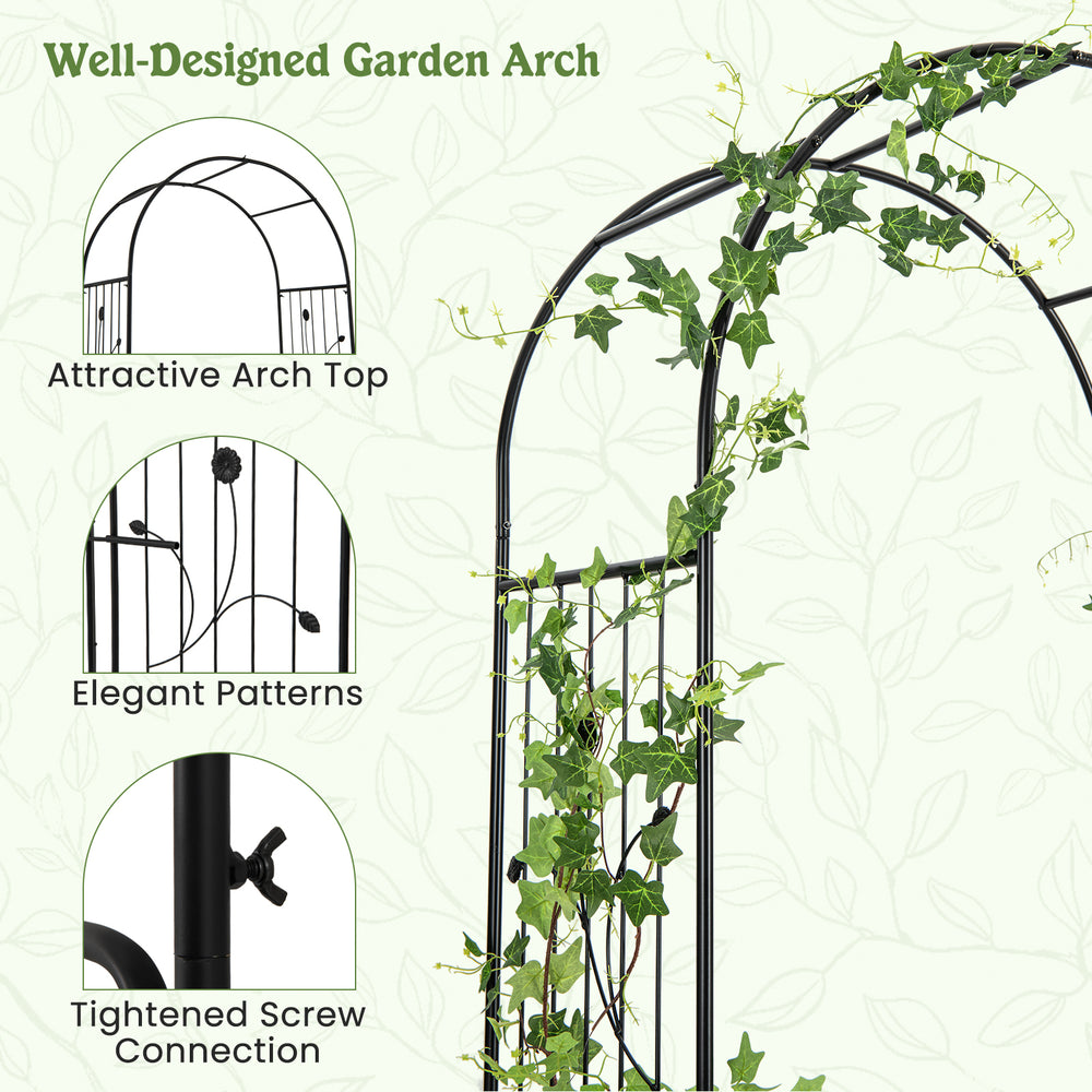 87-inch black garden arbor with elegant patterns, lockable gate, and side planters for enhanced stability and.