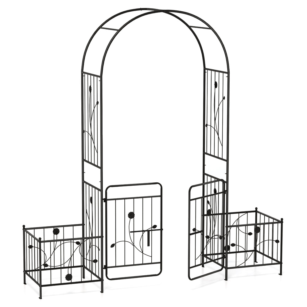 Black 87-inch garden arbor with lockable gate and two side planters, ideal for enhancing outdoor spaces.