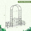 Garden arbor with dimensions, featuring lockable gate and side planters, ideal for gardens and outdoor decor.