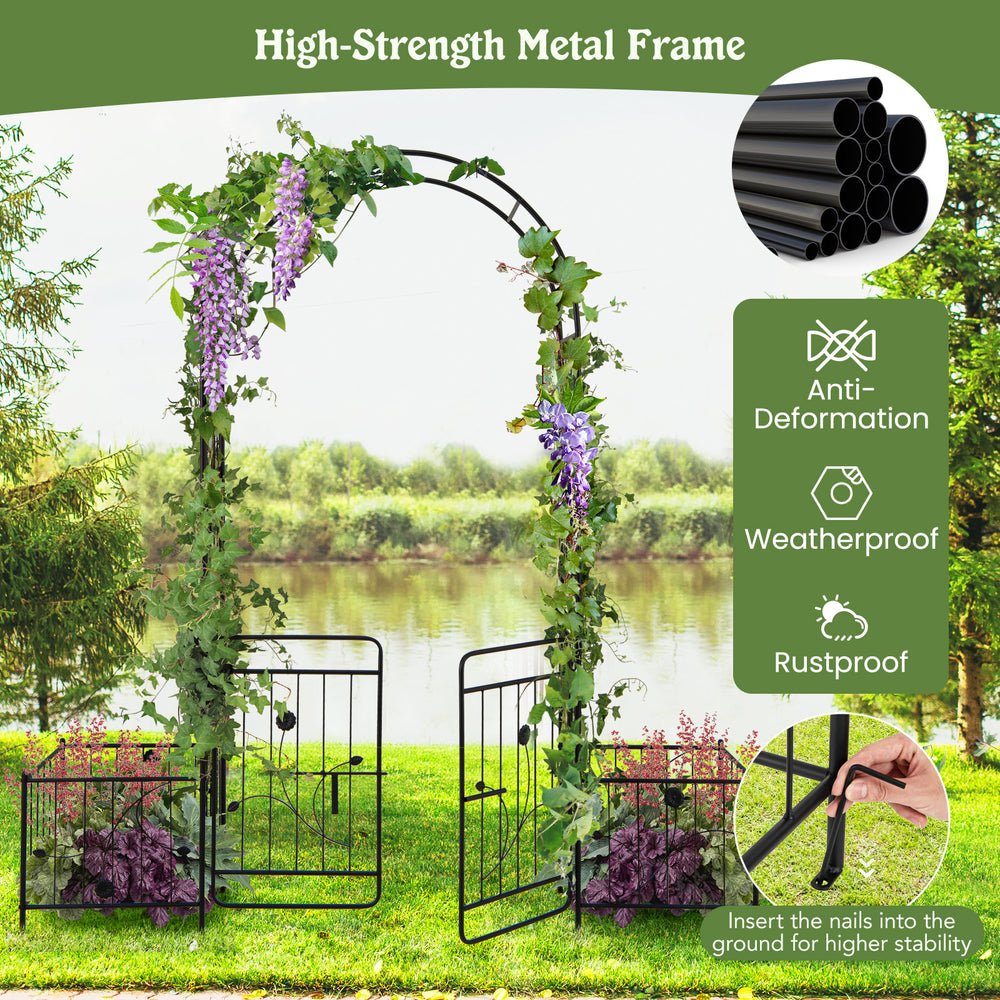 Black garden arbor with climbing trellis and side planters, perfect for garden decoration and stability in outdoor.