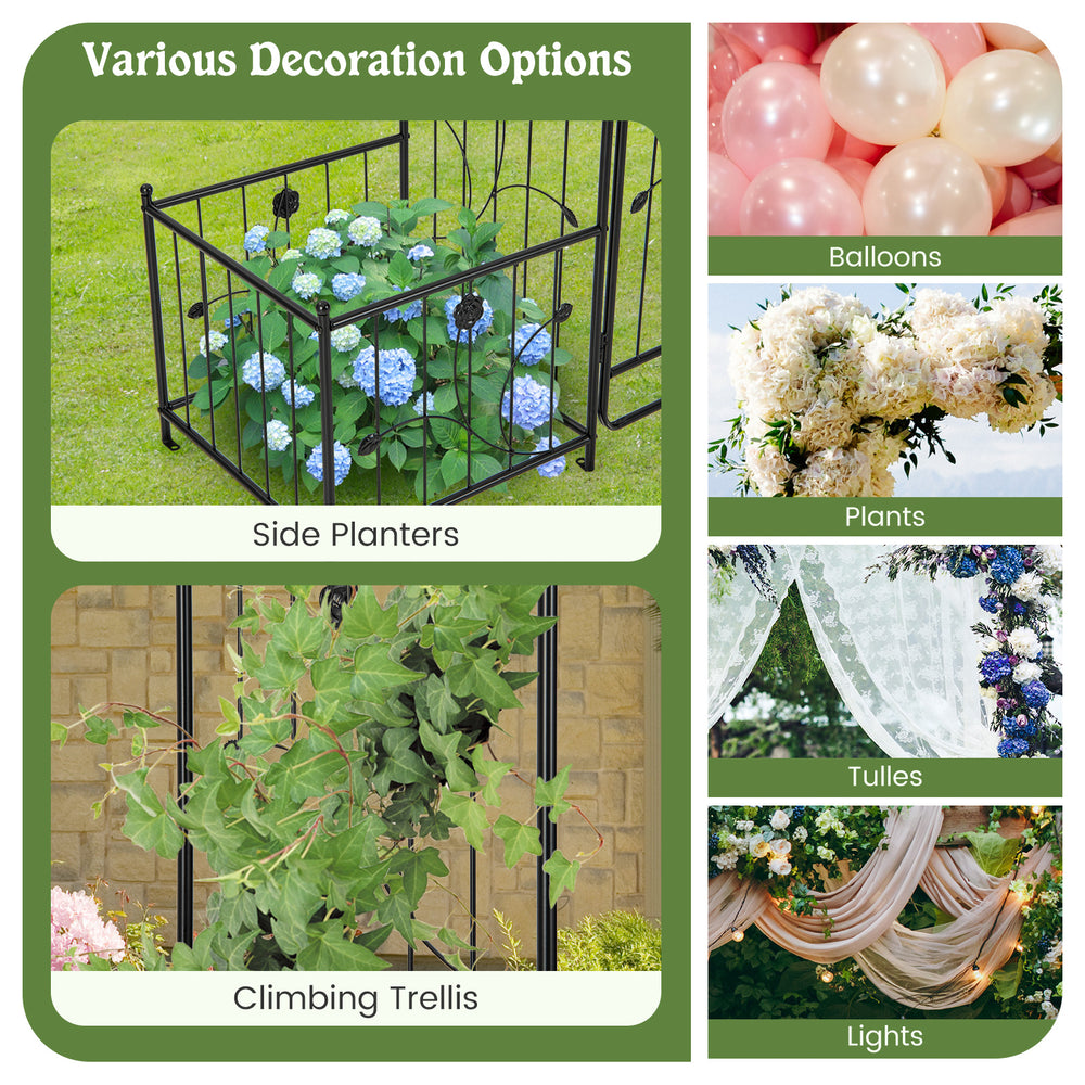 87-inch black garden arbor with lockable gate and side planters, ideal for weddings and backyard decoration.