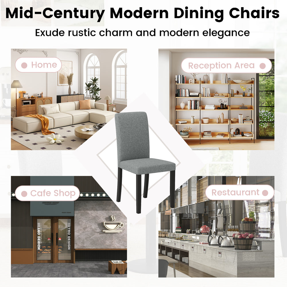 Mid-century modern dining chair set with gray polyester fabric and rubber wood legs, perfect for home or restaurant use.