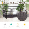 Wicker hanging porch swing in mix brown PE wicker with white cushions, suitable for outdoor use and strong 880 lbs.