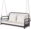 Wicker hanging porch swing with white cushions, 880 lbs capacity, ideal for outdoor relaxation in garden or backyard.