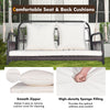 Wicker hanging porch swing with white cushions, featuring removable covers and 880 lbs capacity for outdoor relaxation.
