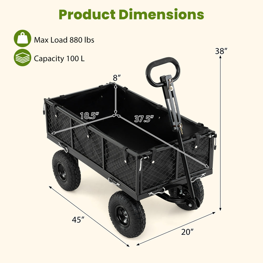 Utility wagon dimensions with removable Oxford cloth liner, 880 lbs capacity, ideal for gardening and outdoor use.
