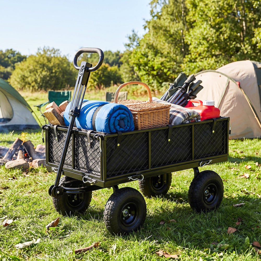 Utility wagon with removable Oxford cloth liner, loaded with camping gear, perfect for outdoor activities and versatile.