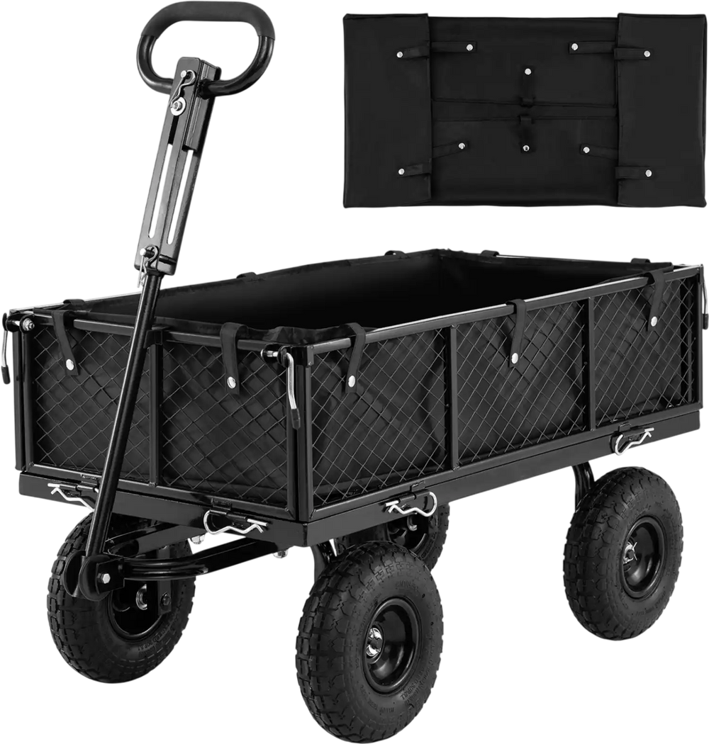 Utility wagon with removable Oxford cloth liner, heavy-duty frame, and 10" inflatable wheels for versatile outdoor use.