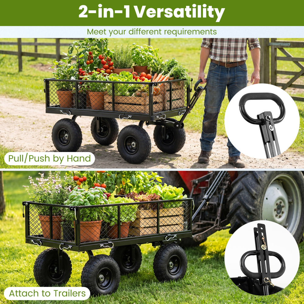 Utility wagon with removable Oxford cloth liner, 10" wheels, and 180° rotating handle for versatile outdoor use.