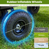 Close-up of a 10" rubber inflatable wheel on a utility wagon, designed for various terrains like grass and sand.