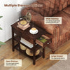Narrow 3-tier end table in walnut with a pull-out drawer and open shelves, perfect for small spaces in living rooms or.