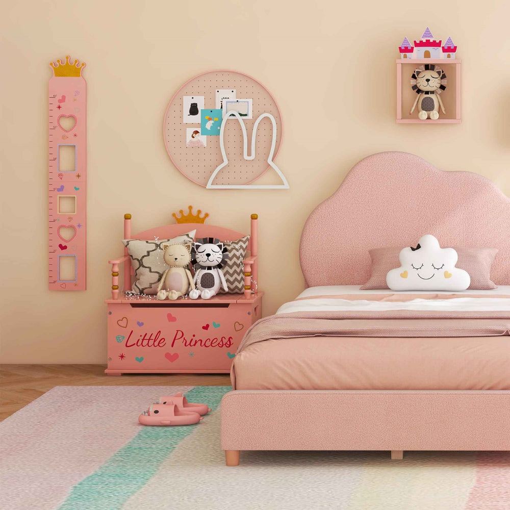 Kids' room bundle featuring a twin bed frame, vanity table, and wardrobe closet in soft pink velvet for stylish storage.