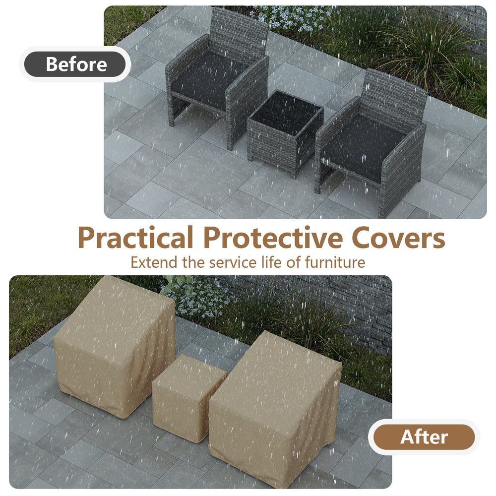 Patio furniture covers in beige, waterproof and sun-protective, shown before and after rain for 3-piece bistro set.