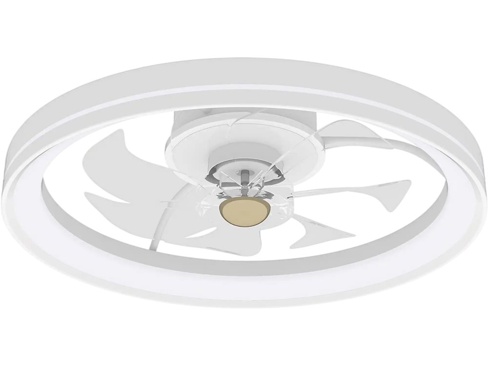 Low-profile 19-inch ceiling fan with dimmable LED, remote control, and adjustable color temperature for rooms up to 215.