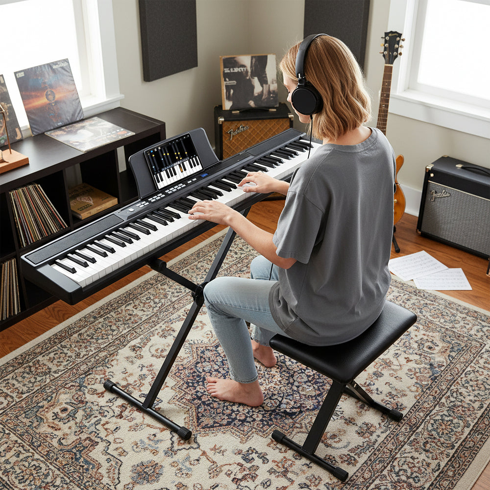 88-key electric piano keyboard with adjustable stand, portable bag, and sensitive touch response for music practice.