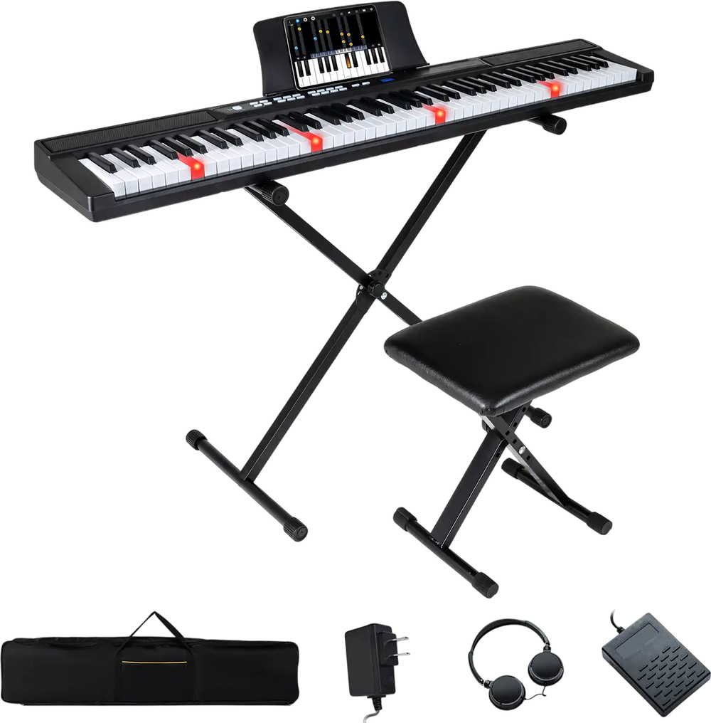 88-key electric piano keyboard with adjustable stand, stool, and portable bag, featuring 128 tones and MIDI function.