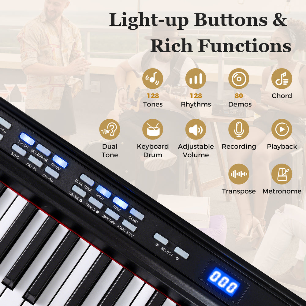 88-key electric piano keyboard with light-up buttons, featuring 128 tones and rhythms, ideal for music learning and.