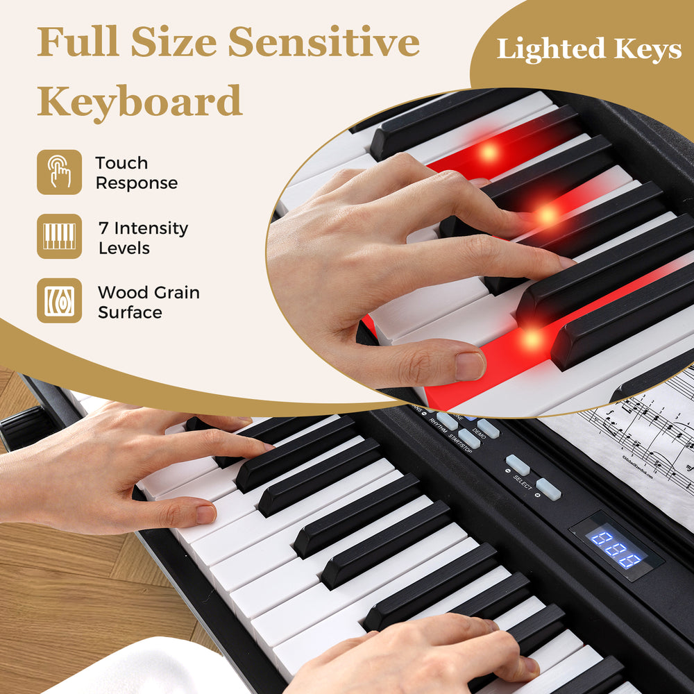 Full-size sensitive keyboard with lighted keys, featuring adjustable touch response and wood grain surface for enhanced.