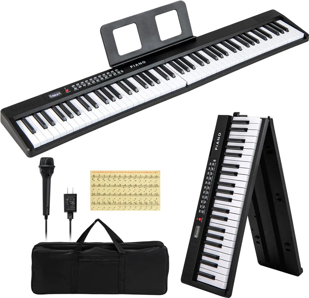 88-key foldable electric keyboard piano in black with dual speakers, includes microphone, carry bag, and music stand.