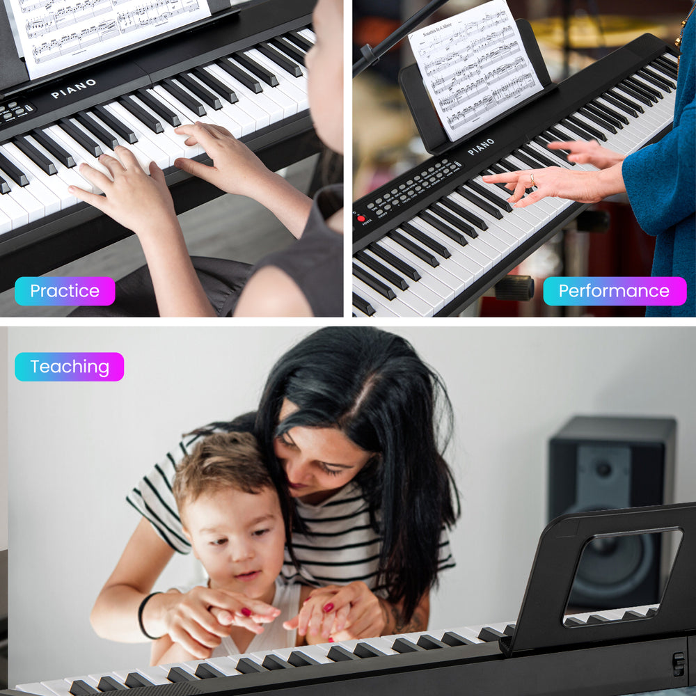 Close-up of the 88 key foldable electric keyboard piano in black, showcasing semi-weighted keys for practice and.
