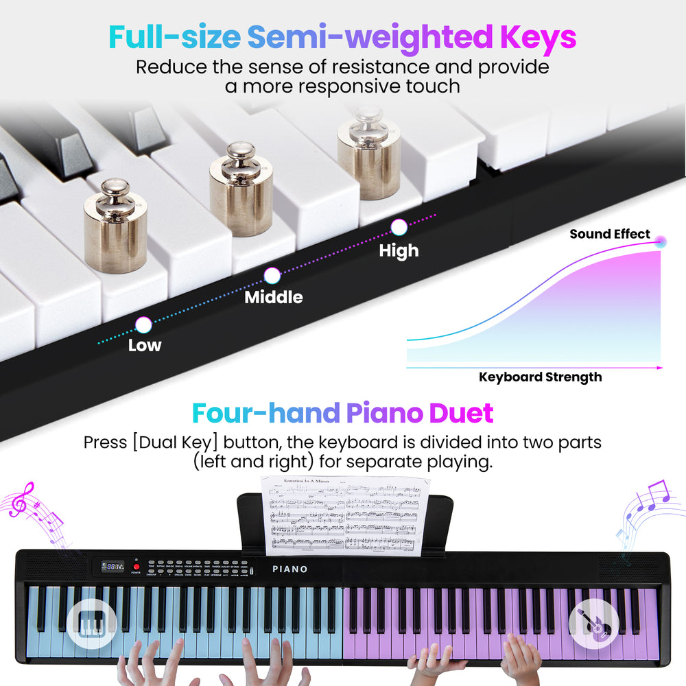 Full-size semi-weighted keys of the 88 key foldable electric keyboard piano, ideal for versatile music playing.