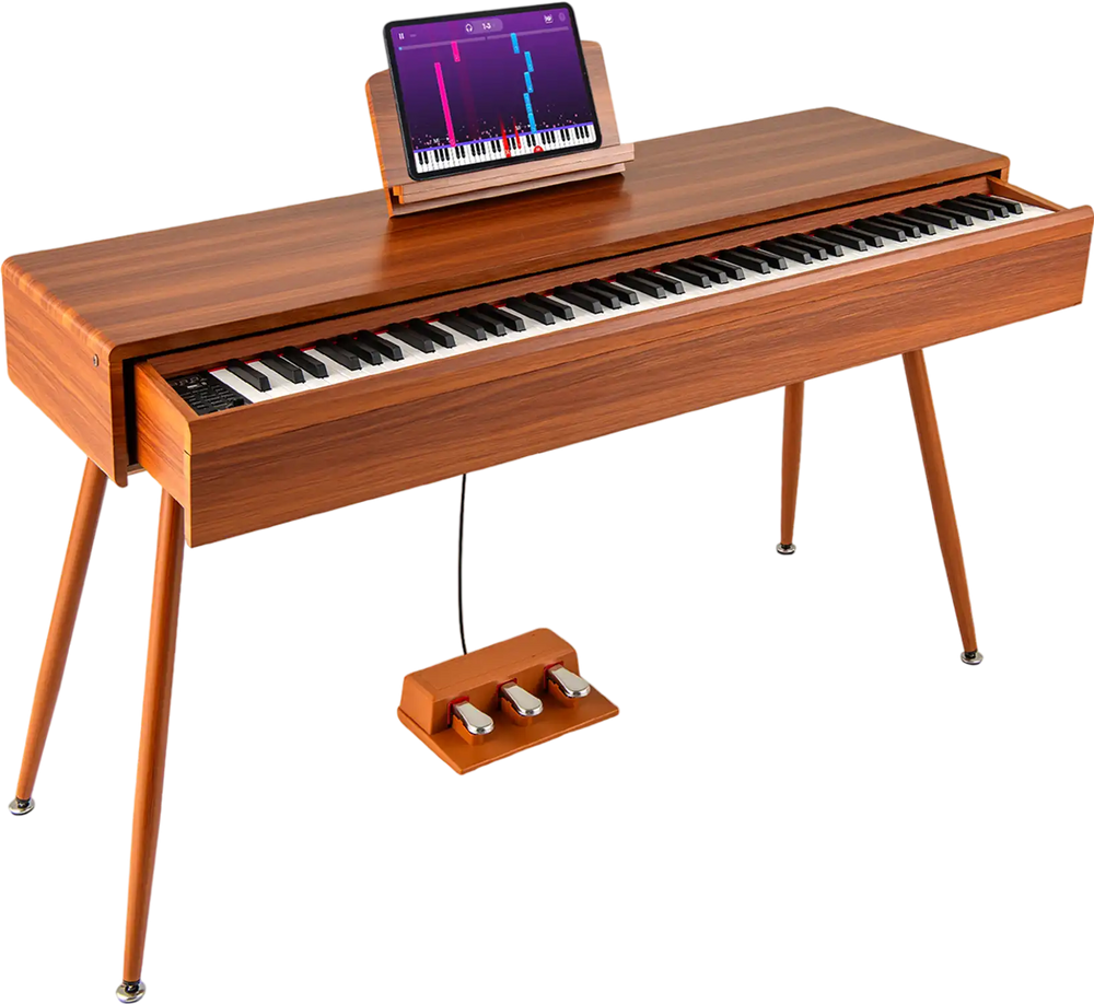 88-key graded hammer action weighted keyboard in brown with push-pull drawer, ideal for music practice and writing.