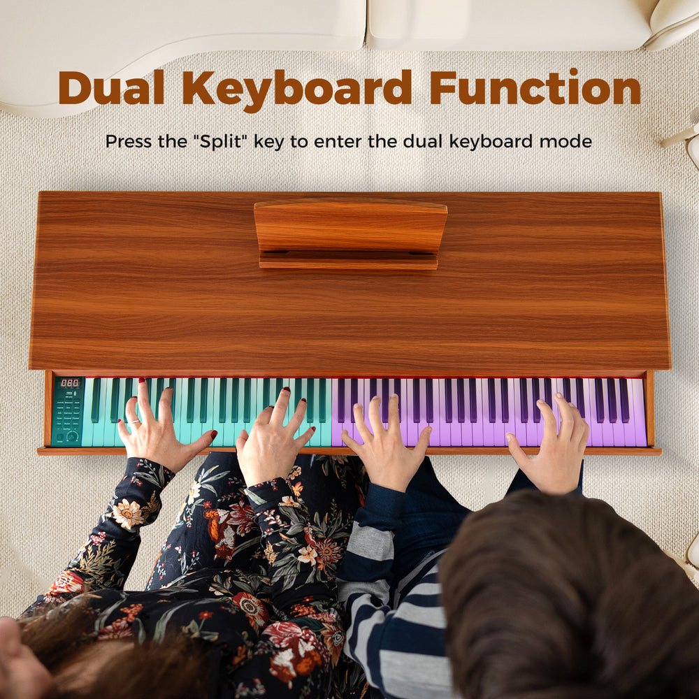 Dual keyboard function on the 88-key electric piano, showcasing vibrant keys for collaborative play and music creation.