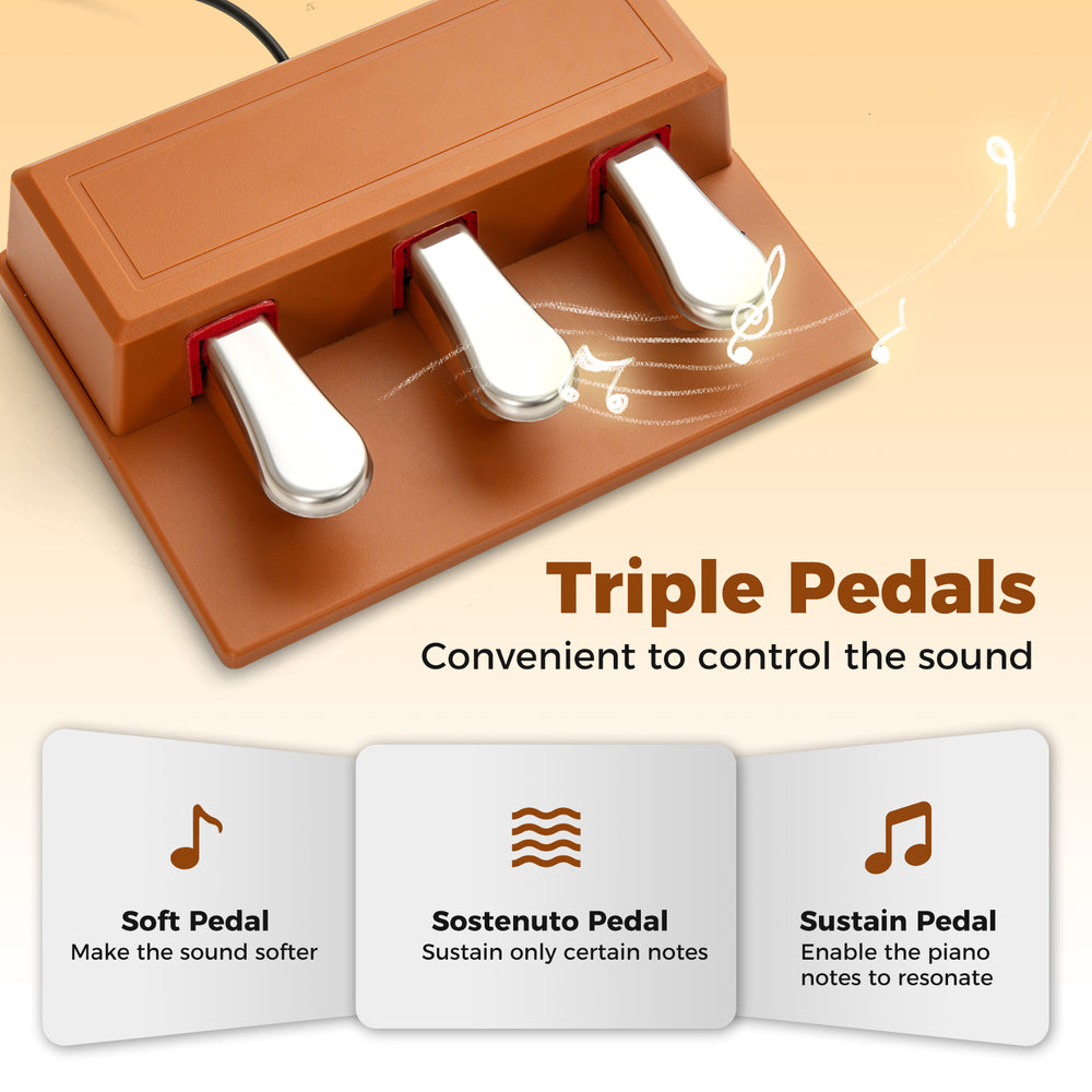 Triple pedal set for 88-key graded hammer action keyboard, featuring soft, sostenuto, and sustain functions for sound.