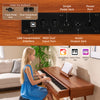 Close-up of the 88-key electric piano's control panel, featuring pedal jacks and audio output for versatile music play.