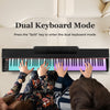 Dual keyboard mode of the 88-key weighted keyboard, showcasing two players enjoying music together on a stylish stand.
