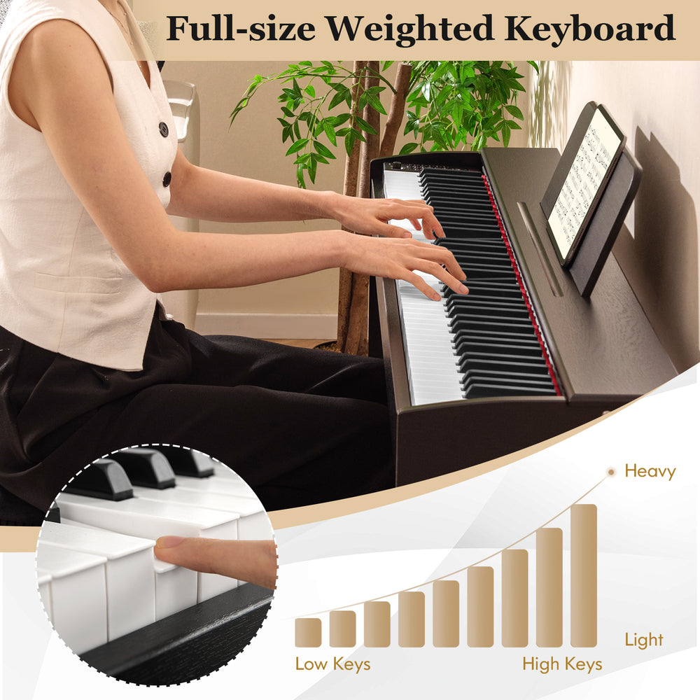 Full-size weighted keyboard with dual speakers, triple pedals, and removable music stand for realistic playing.