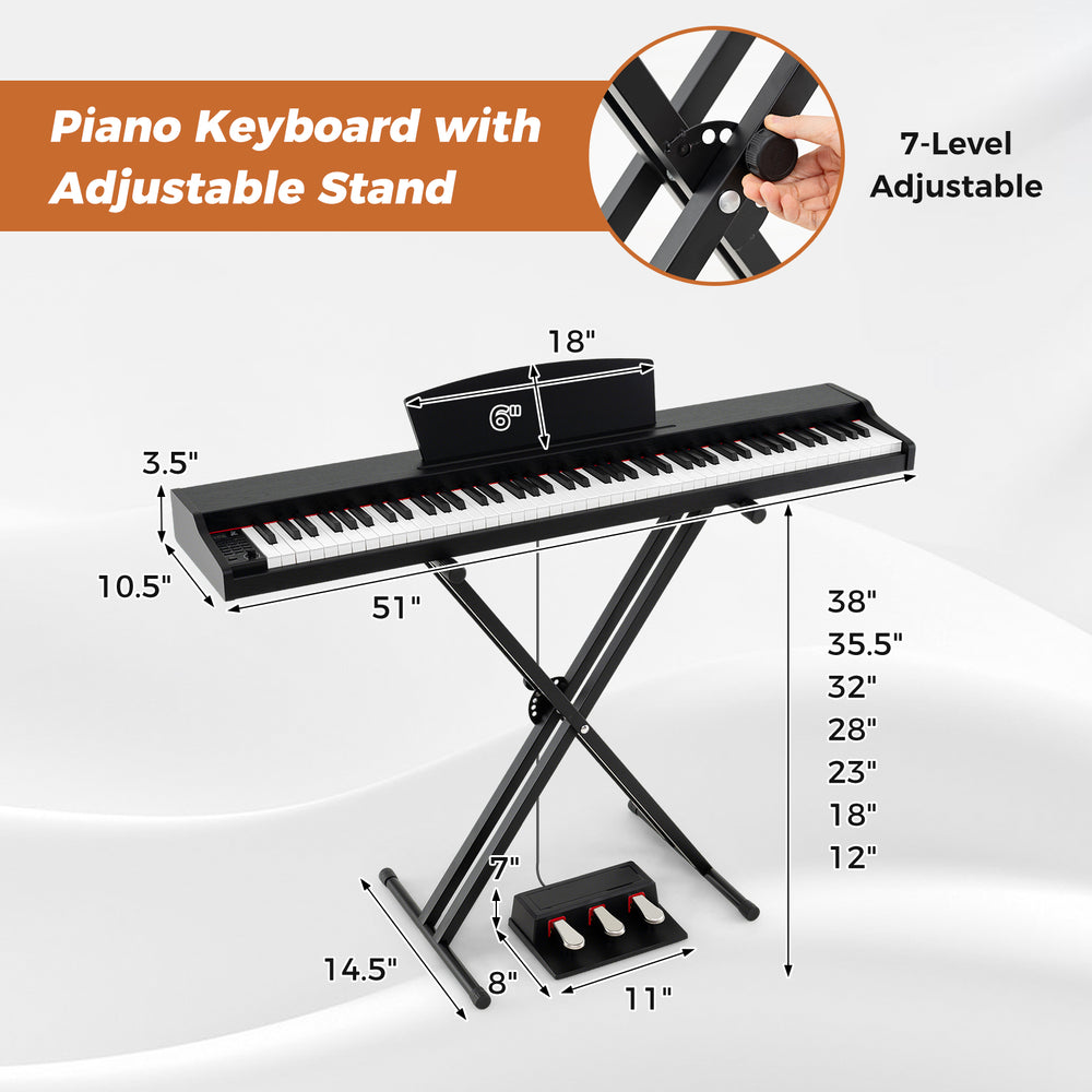 88-key keyboard piano set with adjustable stand, featuring dual speakers and removable music stand for versatile use.