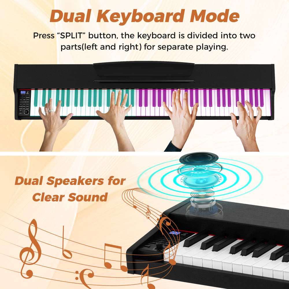 88-key keyboard piano set with dual keyboard mode, adjustable stand, and dual speakers for clear sound.