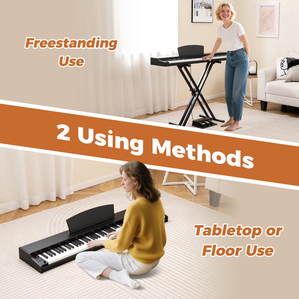 88-key keyboard piano set shown in freestanding and tabletop use, featuring adjustable stand and dual speakers for.