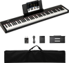88-key velocity-sensitive piano keyboard in black with dual function, rechargeable battery, and clear sound for music.