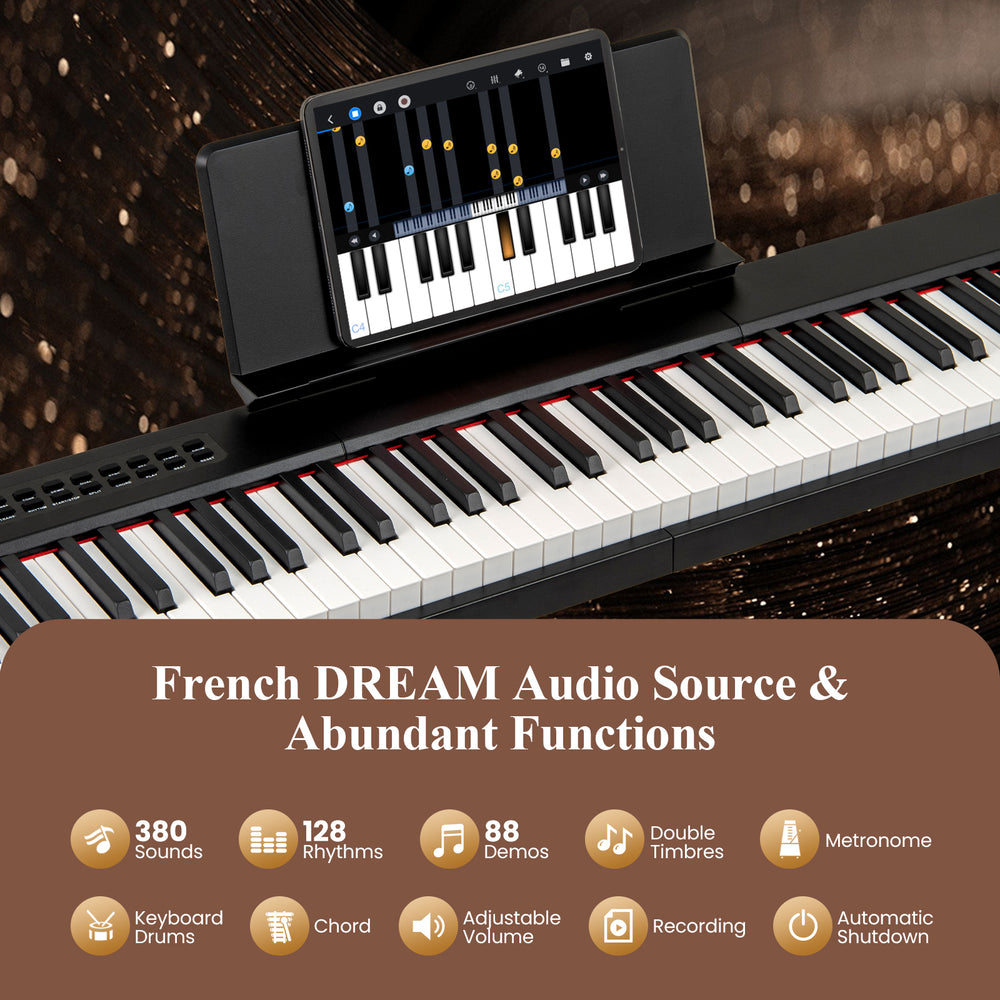 88-key black piano keyboard featuring French DREAM audio source, dual keyboard function, and recording capabilities.