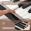 Full size velocity-sensitive keyboard with black wood grain keys, ideal for music lessons and family entertainment.