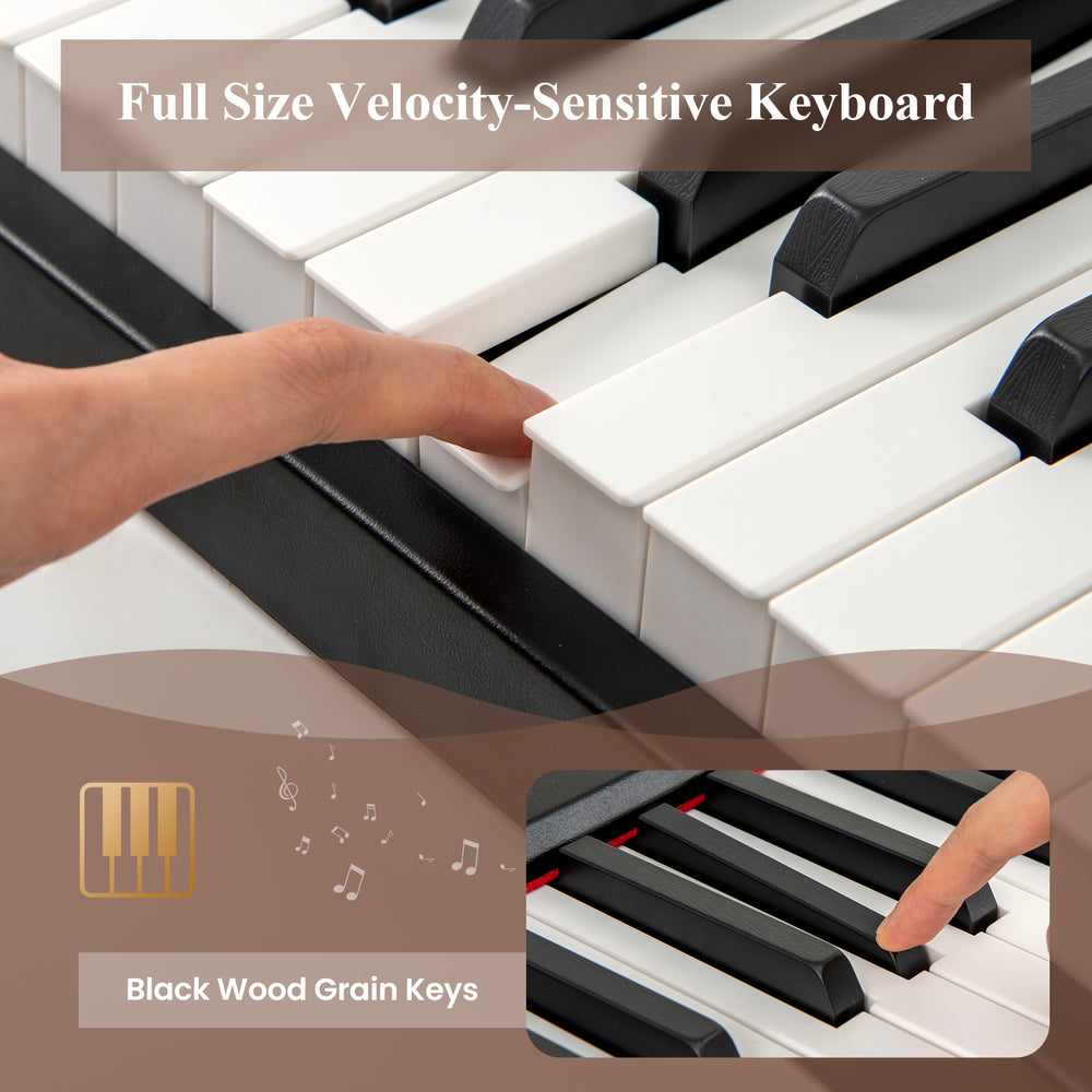 Full size velocity-sensitive keyboard with black wood grain keys, ideal for music lessons and family entertainment.